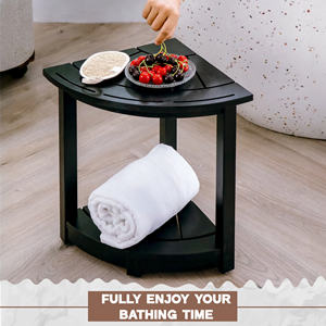 Banco de ducha de madera de acacia negra, estante de esquina de madera para afeitarse las piernas, reposapiés con estante de almacenamiento, muebles de baño para el hogar - Product Image 5