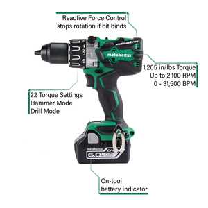 Kit de Taladro Percutor Inalámbrico de 21V con Baterías de Iones de Litio de 18V y 6.0Ah, Control de Fuerza Reactiva, Torque de Giro de 1,205 In/Lbs - Product Image 5