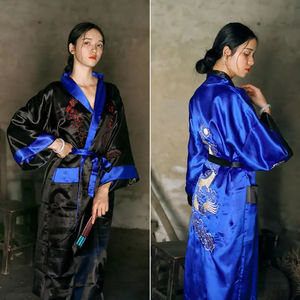 Reversible <b>Black</b> Red <b>Women</b> Satin Kimono Handmade Embroidery Dragon Nightgown <b>Robe</b> Gown Two Side Sleepwear - Product Image 1