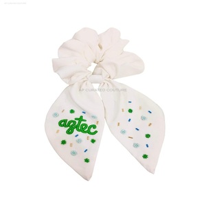 Trendy Customized Indian Hand Embroidery Fabric <b>Scrunchies</b> Beaded Seed Bow <b>Hair</b> Accessory for Girls - Product Image 3