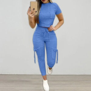 Nueva ropa deportiva para mujer, conjunto a juego con cordón de bolsillo, ajustado Multicolor Top corto, pantalones de tubo, traje de mujer, ropa de descanso de verano, trajes - Product Image 1