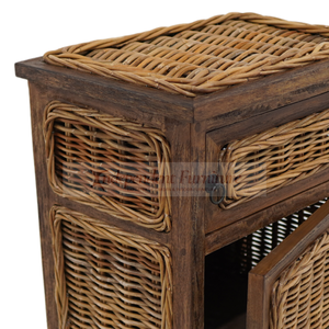 Wholesale Antique Brown Rattan Wicker Wood 2 <b>Drawer</b> Cabinet Nightstand <b>Storage</b> Living Room Furniture Home Hotel Villa Project - Product Image 4