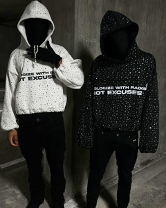 Fabricant de vêtements de rue personnalisé coton lourd strass logo gothique sweat à capuche surdimensionné bouffant impression recadrée de haute qualité - Product Image 3