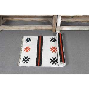 Tapis turc vintage, petit tapis de 1,7 x 3,2 pi (51 x 99 cm), tapis en laine à carreaux blancs - Product Image 5