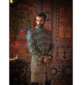 2023 New Trendy Heavy Embroidery Sherwani with Colorful <b>Pants</b> Beautiful Dress for Parties and Weddings Includes Matching Shoes - Product Image 1