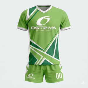 Ostriya International Men's <b>Volleyball</b> Uniform <b>Set</b> Green White Geometric Print V-Neck Short Sleeve Moisture Wicking Adult Unisex - Product Image 1