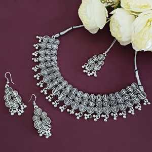 Fabricant de bijoux indien Collier ras du cou à motif de feuilles Ensemble de boucles d'oreilles Boho Vintage Ensemble de colliers oxydés pour femmes - Product Image 2