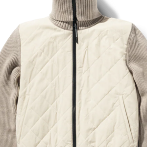 Ivory Woven Knit Eco-Friendly <b>Quilted</b> Front Full Zip High Neck Stretch Sleeves Elegant Cozy Winter Jacket for Women - Product Image 3