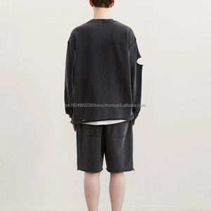 Sweat-shirt en molleton français à col rond, surdimensionné, à épaules tombantes, déchiré, lavage vintage, streetwear, 100% coton, pour homme - Product Image 5