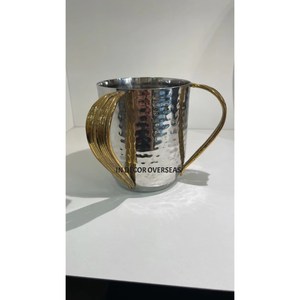 Prime Quality Metal Silver Shiny Polished Hammered Texture Attractive Look <b>Mug</b> With Gold Leaves Designer Handle In Lowest Price - Product Image 1