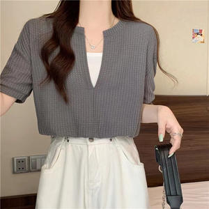 Oem Customized logo Design New Trendy <b>Women's</b> Faux Two Piece V Neck Loose Top Waffle Short Sleeved <b>White</b> <b>T</b> <b>Shirt</b> - Product Image 2