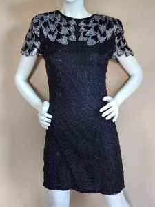 Haute qualité o-cou motif floral broderie antistatique noir robe de soirée droite perles longue longueur au genou Tulle - Product Image 5