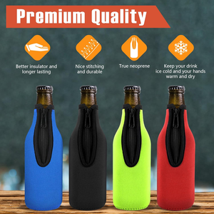 Manchon isolant de luxe pour bouteille de bière, zippé, classique, en néoprène extra épais, imperméable, écologique, avec bords en tissu cousus et fermés - Product Image 2