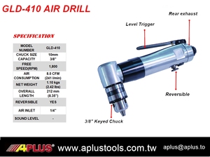 Taladro Neumático de Ángulo Recto APLUS GLD-410 con Mandril de 3/8'', Escape Trasero Reversible, Garantía OEM de 1 Año, 1800 rpm, Entrada de Aire de 1/4'' - Product Image 2