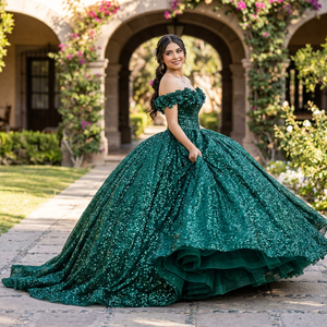 8528 Sparkly Green Sequined Puffy <b>Sweet</b> 15 Girls XV Anos Quinceanera Floor-Length Ball Gown <b>Party</b> Dress - Product Image 1
