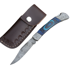 Cuchillo de bolsillo plegable de acero de Damasco hecho a mano personalizable con mango de madera Funda de cuero OEM compatible cuchillo de utilidad al por mayor - Product Image 1