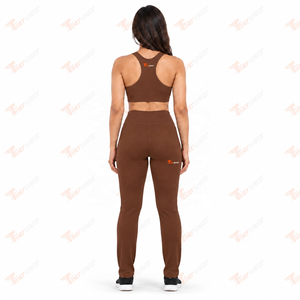 Women Yoga Set High Waist <b>Leggings</b> and Racerback Sports Bra <b>Brown</b> 2 Piece Set Breathable Spandex Polyester Full Length - Product Image 4