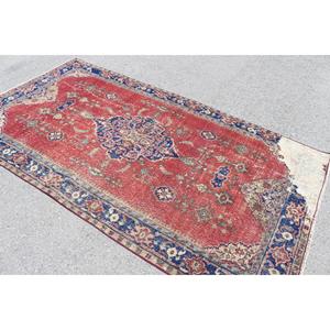 Tapis vintage 4,7x8,5 pieds, tapis turc, tapis persan en laine rouge et bleu - Product Image 4
