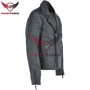 Blouson de motard en cuir véritable noir pour homme, col à revers asymétrique, manches matelassées, en peau de mouton, poches zippées, coupe ajustée - Product Image 4