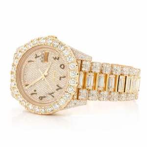 BGJ Full Diamond Pave Iced Out Gold Tone Reloj Números arábigos Fecha Movimiento de cuarzo Reloj de pulsera de lujo - Product Image 2