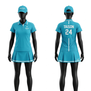 Robe de tennis en polyester et élasthanne premium 180 GSM, bleu et blanc, avec empiècements contrastés sur les côtés, jupe plissée, logo personnalisé par transfert thermique - Product Image 3