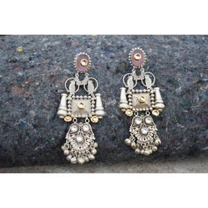 ต่างหูห่วงแบบใหม่ ดีไซน์ดั้งเดิม ทำด้วยมือ ลักษณะคล้ายเงิน ทำจากทองเหลือง ประดับด้วยหิน ขนาดใหญ่ สำหรับเด็กผู้หญิงและผู้หญิง - Product Image 1