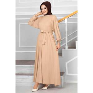 Nihal Waist <b>Belted</b> Hijab Dress for Girls and Boys Available in Latte <b>Fabric</b> - Product Image 3