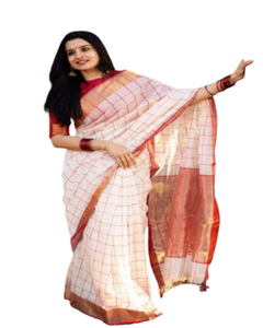 Batik Saree en lin de haute qualité pour femmes, bordure Jari dorée, styles géométriques floraux, couleurs moyennes et foncées pour adultes, fête - Product Image 1