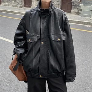 แจ็คเก็ตบอมเบอร์หนังแท้สำหรับผู้ชายฤดูหนาวกันลมกันน้ำเป็นมิตรกับสิ่งแวดล้อมมีซิปปิดหนามาตรฐานสีดำแนวสตรีทสูง - Product Image 5