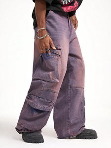 Salopette en jean pour homme, sur mesure, taille mi-haute, style tendance, décontractée, tricotée, lourde, multi-poches, délavée claire, rose net - Product Image 4