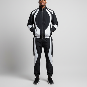 Costumes d'hiver à logo personnalisé en coton uni pour le jogging et le patchwork coupe-vent avec fermeture éclair et bloc de couleur pantalons de streetwear de coupe normale survêtements pour hommes - Product Image 6