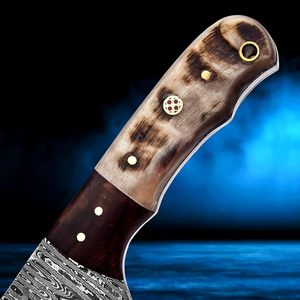 Cuchillo táctico hecho a mano de acero de Damasco con mango de palisandro y hueso Funda de cuero de hoja fija de 8 pulgadas y agujero de cordón - Product Image 2