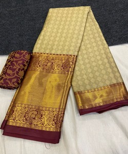NOUVELLE ARRIVÉE COTON SOIE JACQUARD TRAVAIL SAREE AVEC CHEMISIER NON COUCHÉ VÊTEMENT DE MARIAGE PRIX DE GROS VÊTEMENT ETHNIQUE CHIKU - Product Image 1