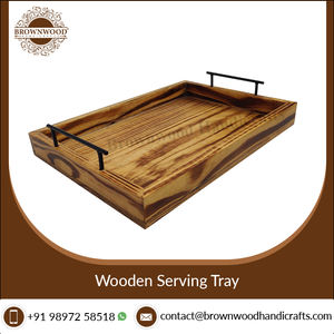 Bandeja de madera de pino sostenible con asas de metal Bandeja de madera hecha a mano de forma rectangular para servir en hoteles y suministros para restaurantes - Product Image 5