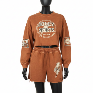 Women premium cotton fleece <b>rust</b> brown crop sweatshirt short set applique embroidery patch logo 100% Cotton Crop <b>Top</b> & Shorts - Product Image 6