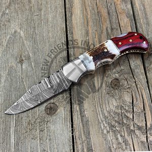 มีดพับพกพาเหล็กดามัสกัสทำมือปรับแต่งได้ตามต้องการใช้กลางแจ้งเขากวางเขากวางเขากวางไม้สีแดง - Product Image 6