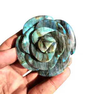 独家手工雕刻水晶凸圆形高级天然蓝色闪光拉布拉多玫瑰花出售水晶花礼品