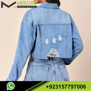 100% algodón dobladillo deshilachado chaqueta de mezclilla corta y pantalón bolsillos con solapa botón solapa chaqueta de mezclilla y pantalón ropa de mezclilla para mujer - Product Image 2