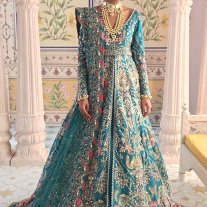 INDIAN/PAKISTANI COLORFUL EMBROIDERY <b>BRIDAL</b> <b>JACKET</b> WITH LEHENGA DRESS Embellished WITH CRYSTAL GLASS BEADS,STONE,DABKA Work@2023 - Product Image 1