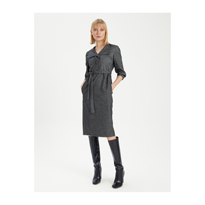 Vestido Midi de Mezcla de Viscosa con Doble Bolsillo, Manga Larga, Cuello de Vestir y Detalles de Cinturón para Mujeres Profesionales - Product Image 1