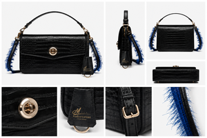 Bolso de Mano Negro con Solapa y Estampado de Cocodrilo para Mujer, con Correa de Pluma Azul, Estilo Elegante para Uso Diario - Product Image 2
