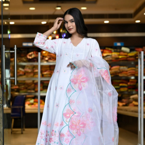 Latest Designer Pure Cotton Floral Printed V-neck <b>Three</b> Quarter Sleeves Embroidered Women's Long Anarkali Kurti Gown Dupatta - Product Image 1
