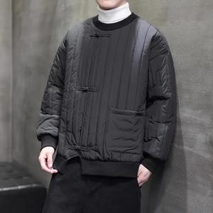 Veste d'hiver de style chinois rétro pour hommes longue rembourrée en coton avec col à capuche vêtements d'extérieur chauds couleur unie Parkas vestes bouffantes - Product Image 3