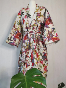 Fait à la main Style Kantha matelassé pur coton blanc oiseau imprimé col en v fermeture à cordon respirant manteau confortable thermique femmes - Product Image 5