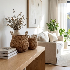 Natural Hand Woven Seagrass <b>Storage</b> <b>Basket</b> Set <b>White</b> Wrapped Handle Belly Round Pot Planter Setup Decor Pure Art Room Design - Product Image 6