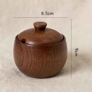 Pot à épices en bois de jujube antique avec couvercle à cuillère, artisanal, rond, pour le sel, le sucre, le rangement de la cuisine, écologique, boîte de garde-manger - Product Image 2