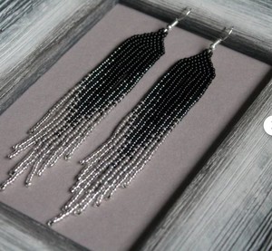 <b>Silver</b> Seed Bead <b>Earrings</b> Black Gray Beaded <b>Earrings</b> Evening <b>Earrings</b> <b>Long</b> <b>Earrings</b> Beaded Tassel <b>Earrings</b> - Product Image 1