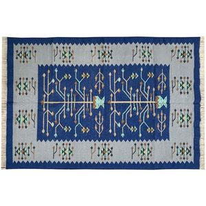 Hurrie พรมทอมือผ้าขนแกะสีฟ้าต้นไม้แห่งชีวิตแบบแบนพรมสานพื้นที่ทำด้วยมืออินเดียเป็นมิตรต่อสิ่งแวดล้อมเป็นมิตรกับสัตว์เลี้ยง - Product Image 2