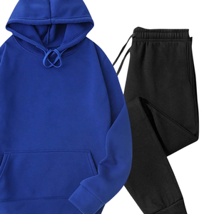 ชุดเซ็ตเสื้อฮู้ดดี้สีน้ำเงินรอยัลพร้อมกางเกงจ็อกเกอร์สีดำ ชุดลำลองสำหรับฤดูหนาว ผ้าฟลีซสองชิ้น ชุดกีฬาลำลอง ขายส่ง รับผลิตตามแบบ OEM - Product Image 6