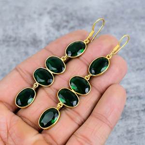 Pendientes de diópsido de cromo hechos a mano de cuatro piedras preciosas Plata de Ley 925 con chapado en oro Declaración de mujer Diseño colgante ovalado Regalo - Product Image 3